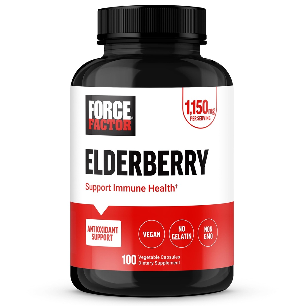 FORCE FACTOR Kapsułki z jagodami Elderberry, suplement odporności i przeciwutleniacze Suplement dla mężczyzn i kobiet, Codzienny Immunitet Boost, Wegan, No Gelatin, Non-GMO, 100 Kapsułki roślinne