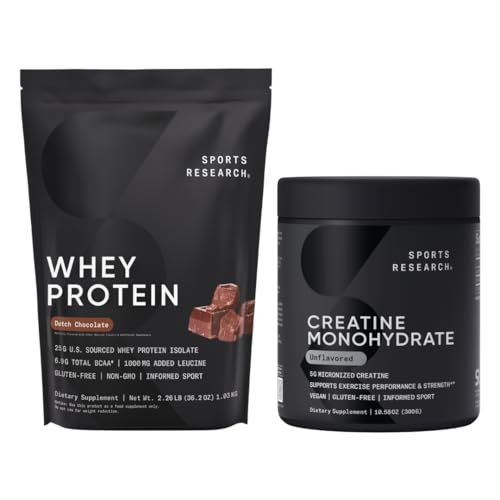 Sports Research ® Monohydrat kreatryny (10.58 oz) i holenderskie białko serwatki czekoladowej (2 lbs), Dynamiczny Duo dla Lean Muscle Building, Poprawa wydajności i siły i odzyskiwania treningu