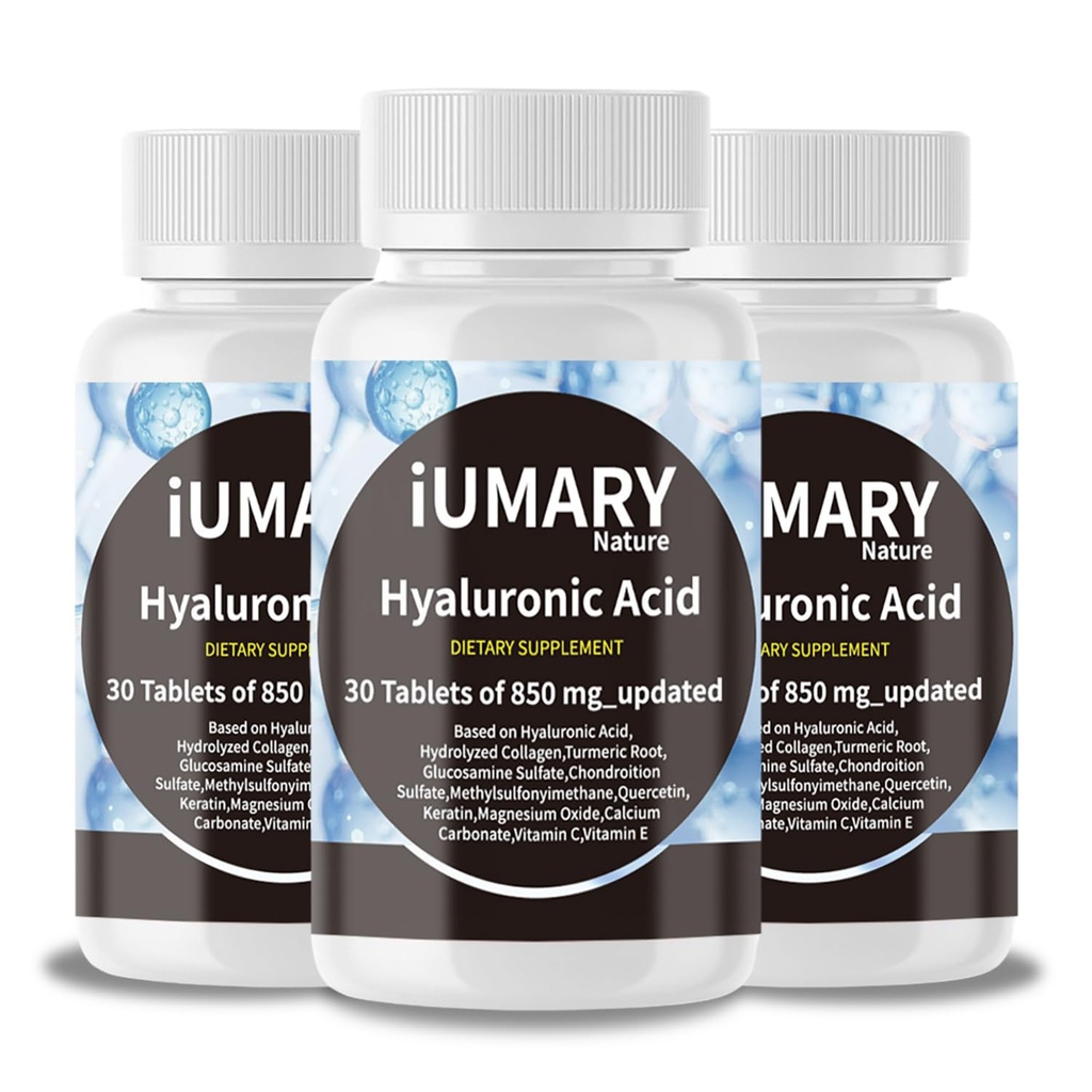 Suplementy kwasu hialuronowego, 850mg Wysoka Biodostępność Dietetyczny Kwas hialuronowy - Zaawansowane Wspólne Wsparcie z Zhydrolizowanym Kolagenem, Turmeric, Glu- kozamina, MSM, Witamina C - 30 Tabletki