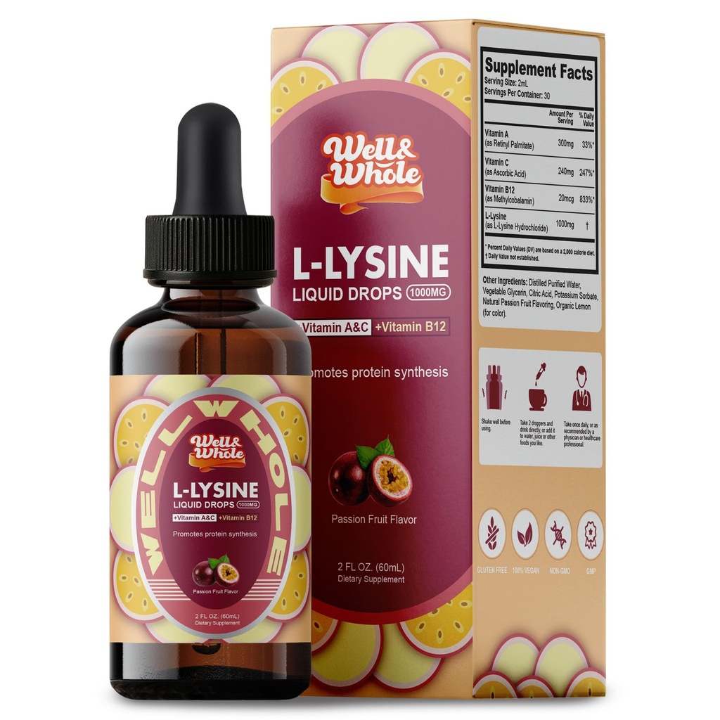 L- Lysine Supplement Liquid Drops Distribution 124; L- Lysine 1000mg Tincture with Witamina A, C, i B12 for Adult & Kids Distribution 124; Immune Support, Skin & Lips Health, Collagen Syntesis Distribution 124; Non-GMO, Vegan, 2 Fl Oz (60 ML)