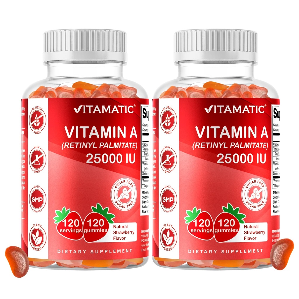 Witamina A 25000 IU bez cukrów witaminowych Gummie (Palmitynian retinylu) - Naturalny aromat truskawkowy - 120 Pektyn Gummies (2 butelki)