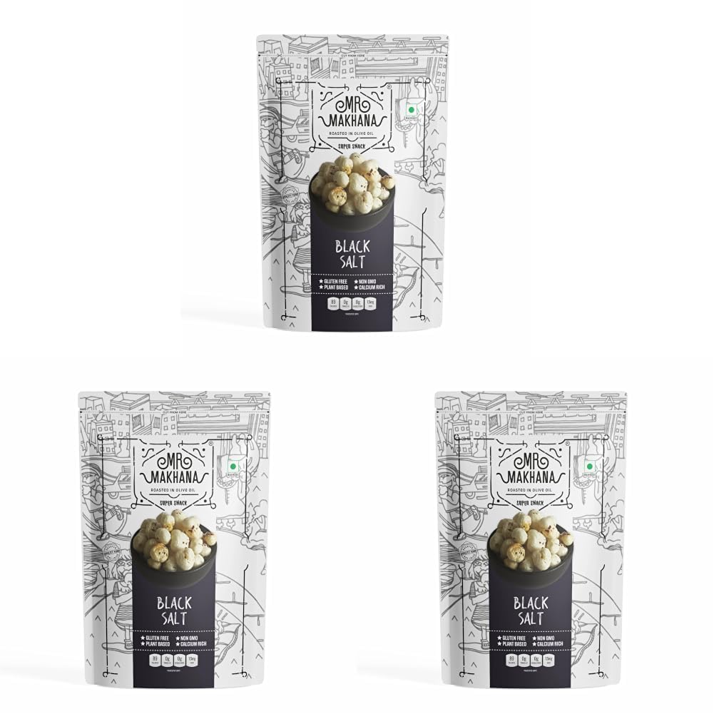 Mr. Makhana Roasted Makhana and Foxnuts | Healthy Snacks | Gluten Free | MSG Free | Antioxidant | Rich Calcium | Zero Trans Fat | Zero cholesterol (Black Salt) 55g (Pack of 3)
