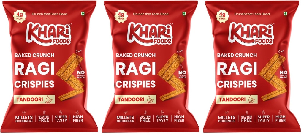 Khari Foods Ragi Crispies 50g, Tandoori Flavoured Chips, No Palm Oil, No Maida, Millet Goodness, Fibre Rich, Zero Cholestrol, Gluten Free Vegan Snacks (Pack of 3)