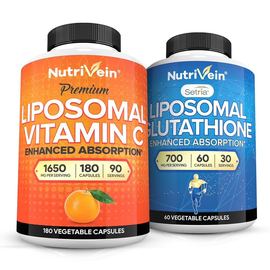 Żywica odżywcza Premium Witamina liposomalna C 1650mg & Liposomal Glutatione Bundle - Wysoka absorpcja Kwas askorbinowy Plus Główny przeciwutleniacz & Czystość wątroby - Non-GMO, Wegan / Wegetarianin - 180 + 60 Kapsułki