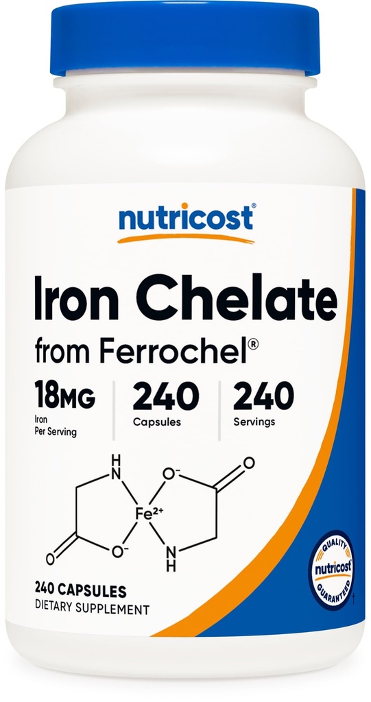 Nutricost Żelazo chelatowane (z Ferrochel) 18mg, 240 Kapsułki - Bez glutenu, Nie GMO Żelaza Chelate Suplement