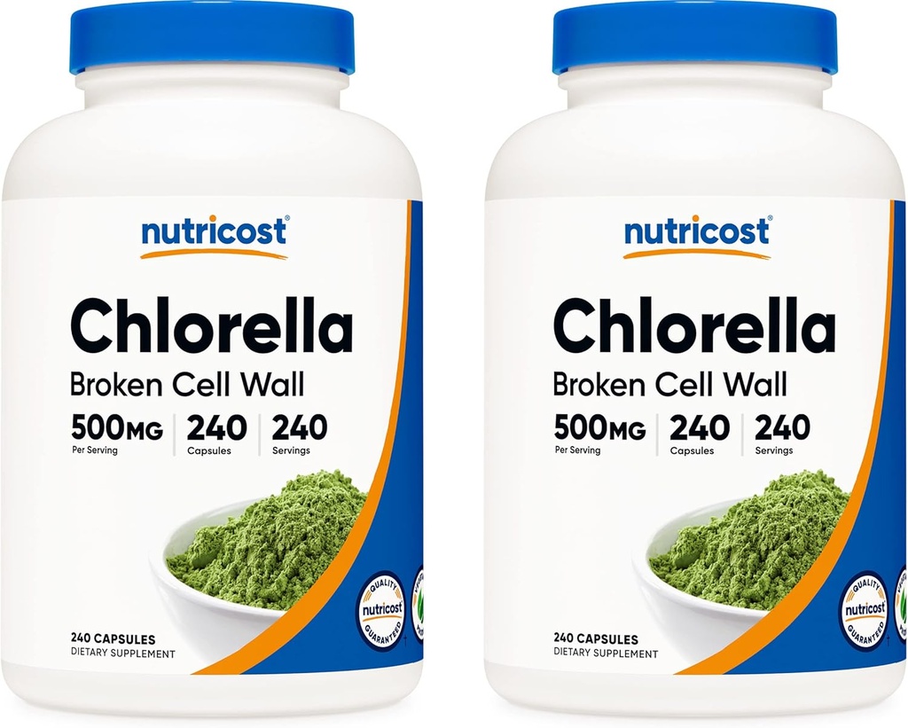 Nutricost Chlorella kapsułki (2 butelki) 500 mg, 240 kapsułki na butelkę