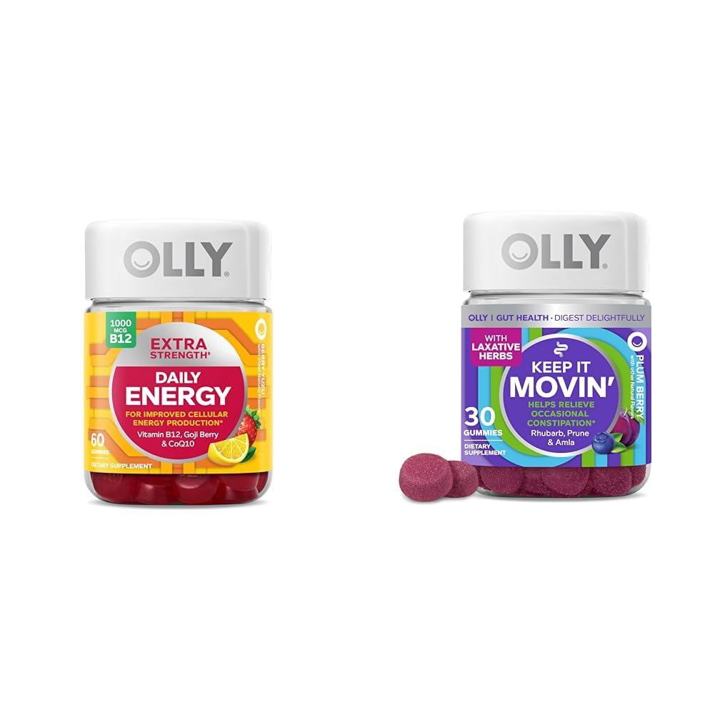 OLLY Extra Siła Daily Energy Gummy z witaminą B12, CoQ10, Goji Berry, 60 Count & Keep It Moving Conservation Relief Gummy z Rhubarb, Prunes, Amla, 30 Count