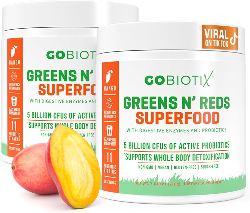 GOBIOTIX Super Zielone i czerwone w proszku - Czerwone i zielone Superfood - Suplement Probiotyczny - Enzymy trawienne i Buraka w proszku - Organic Whole Foods Dietetyczny suplement (Mango, 2 Pack)