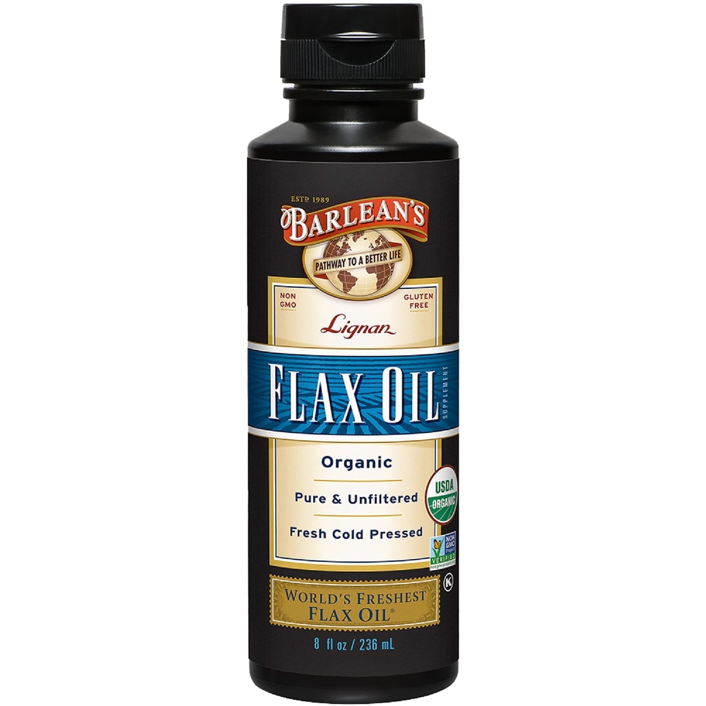 Barlean 's Organic Lignan Flaxseed Oil Supplement from Cold Pressed Flax Seeds, 7,230 mg ALA Omega-3 Acids Fatty for Skin and Hair Care, Vegan & Gluten Free, 8 oz