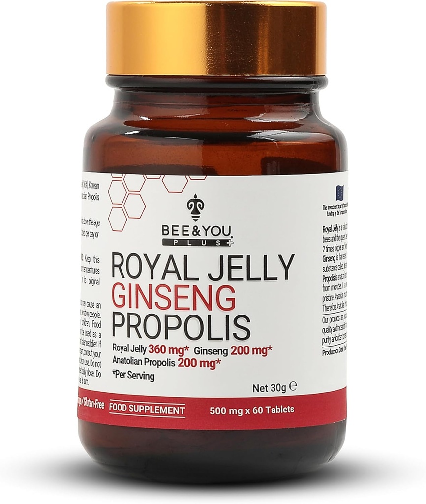 Bee and You Royal Jelly with Ginseng Tablet, Ekstrakt Propolis, 60ct, 100% Natural Superfood, Ultra Pure, Suplement immunologiczny, Przeciwutleniacze, Keto, Paleo, Gluten- Free