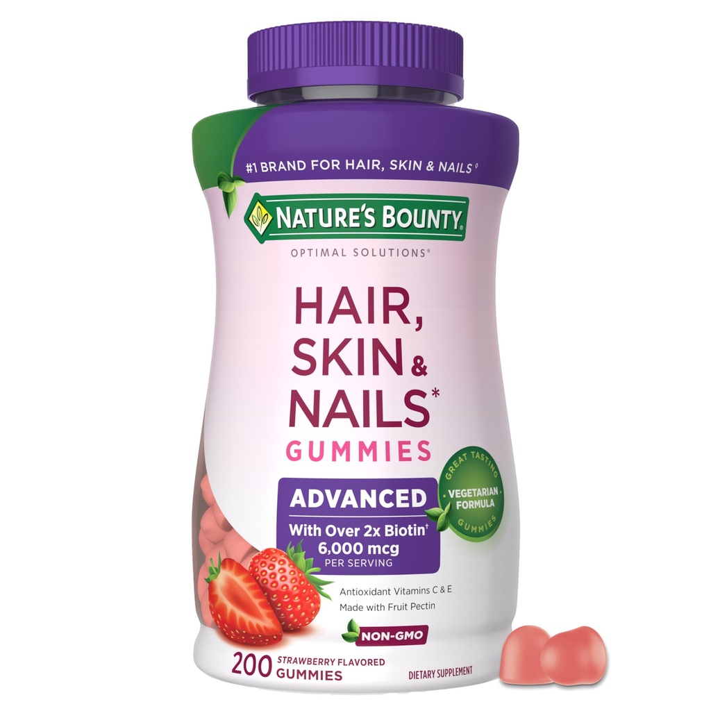Nature 's Bounty Optimal Solutions Zaawansowane włosy, skóry i paznokci Pectin Gummies, 2x Biotin per serving, No Stick Gummy, Formuła wegetariańska, Strawberry Flavor, 200 ct, 100 całkowite służby