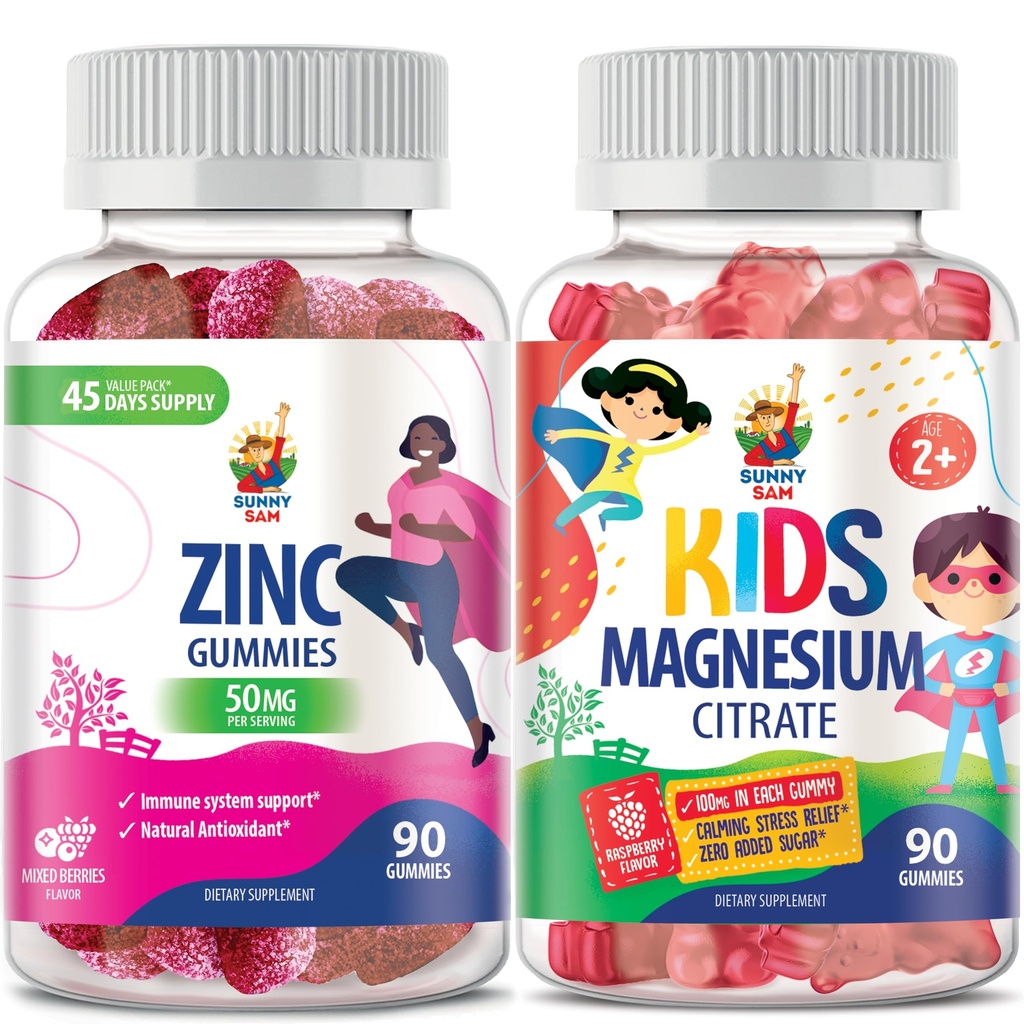 SUNNY SAM Gummies cynku dla dorosłych i gumek magnezu dla dzieci i dorosłych - 100 mg - Spokojnie żuć magnezu