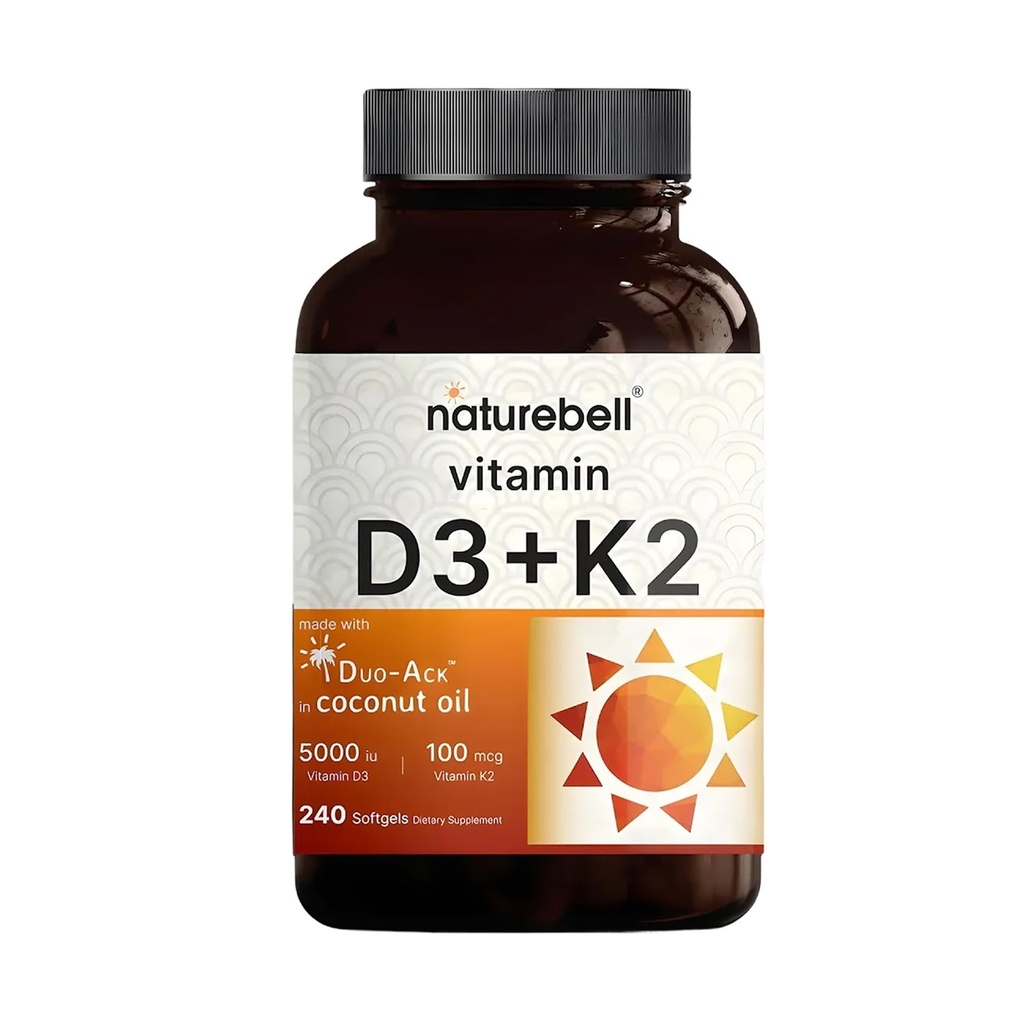 NatureBell Witamina D3 5000 j. m. + K2 100 μg, 240 Softgeli 124; Codzienne 2- in-1 Formuła z Virgin Coconut Oil 124; Kości, Serce i wsparcie immunologiczne 124; MK- 7 Forma 124; Non-GMO, Gluten- Free