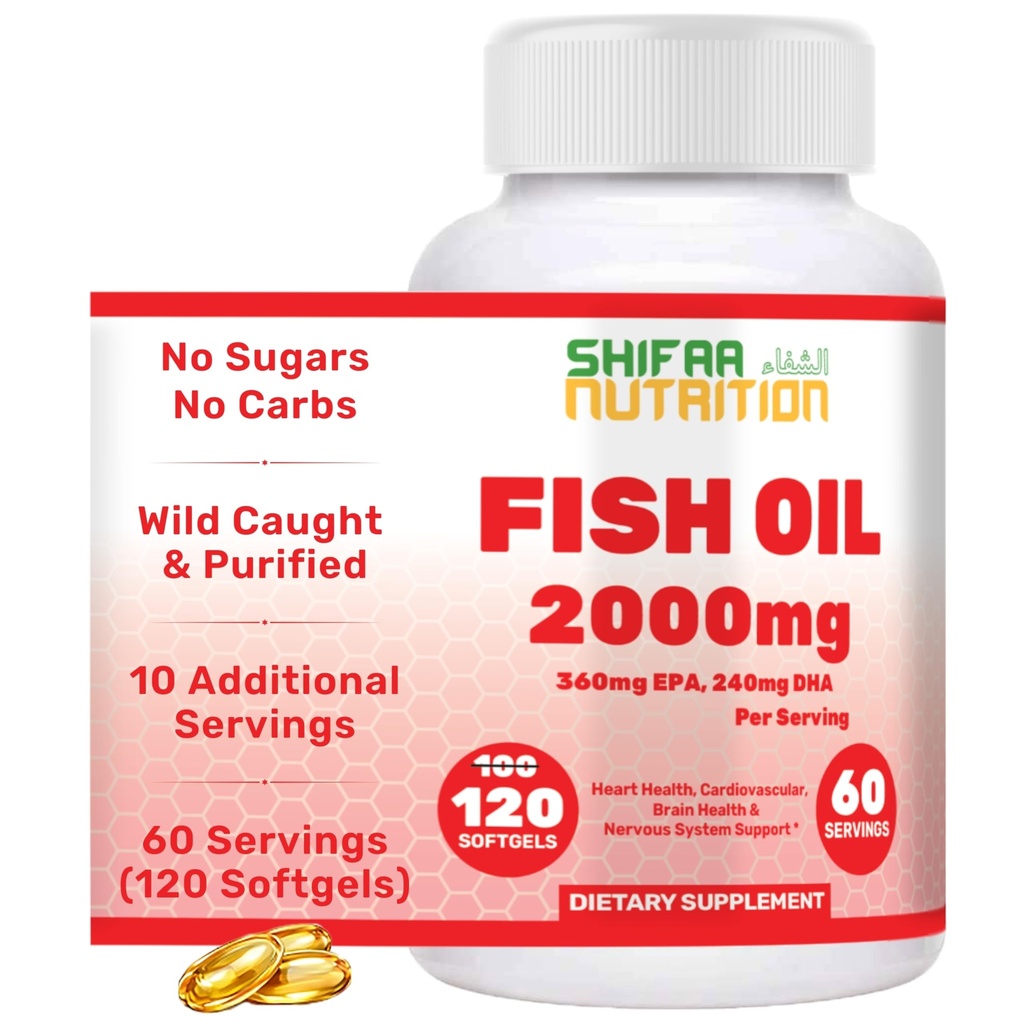 SHIFAA NUTRITION Halal Fish Oil 2000mg Softgels with 360mg EPA & 240mg DHA. 100 Wild Caught & Non-GMO Omega 3 Softgels for Heart & Brain Health. Burless, Easy- to- Połknięcie oleju rybnego Omega 3 Suplementy