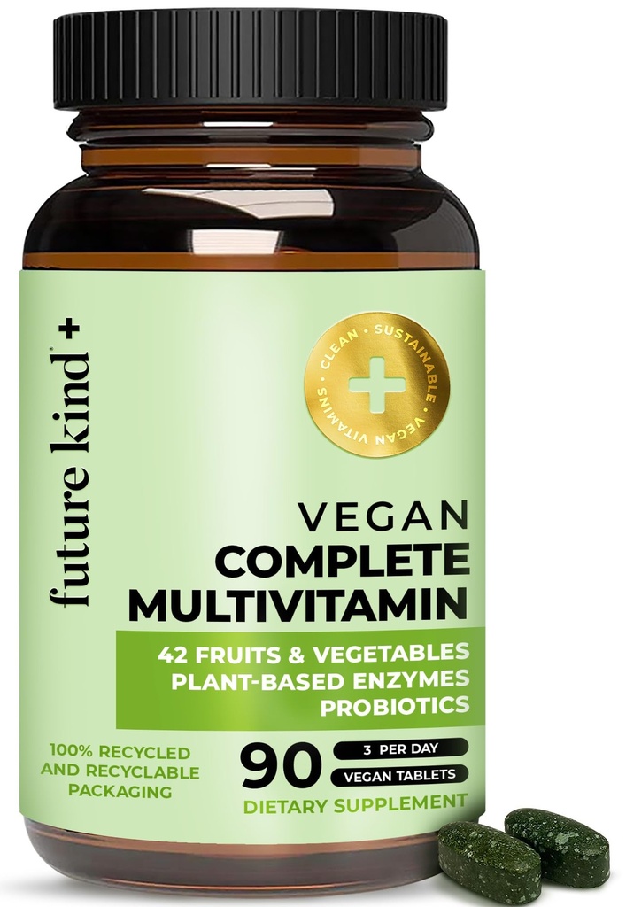 Future Kind Vegan Multivitamins Complete - 42-in-1 Vegan Multivitamins for Women & Men with Enzymes, B12, Zinc, & Probiotics for Digestion (90 tabs in Recycled Bottle)