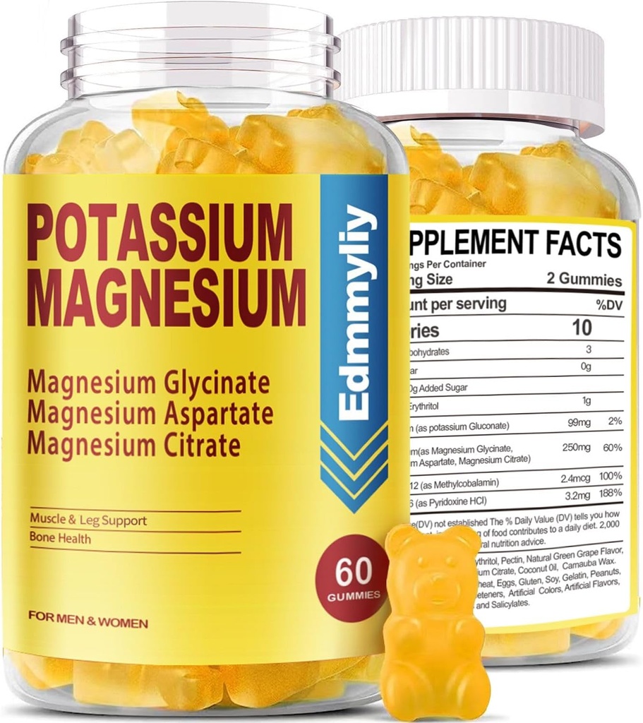 Suplement potasu Gummeje dla dorosłych Wysoka absorpcja Glukonian potasu 99mg Cytrynian magnezu 250mg z witaminą B6 B12 Wspiera nastrój, Energia, Relaksacja mięśni, Bone Health, Bez cukru