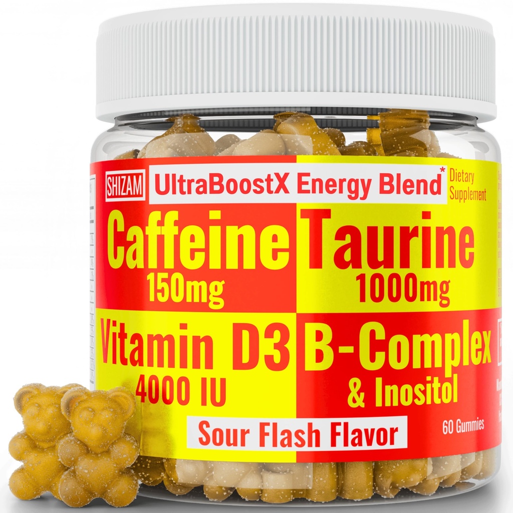 SHIZAM Tauryna 1000mg Kofeina 150mg Energy Gummies w D- 3 B- 12 B Complex Inositol, żel żele Witaminy Napoje Kapsułki Napoje Napoje Pigułki Pigułki Proszek Alt, Running Runners Suplement suplementy