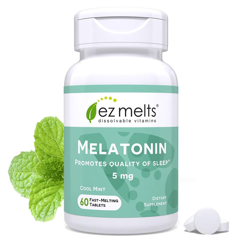 EZ Melatonina rozpuszczalna, 5 mg, bez cukru, 2-miesięczne dostawy, Cool Mint- Flavored - 1 opakowanie