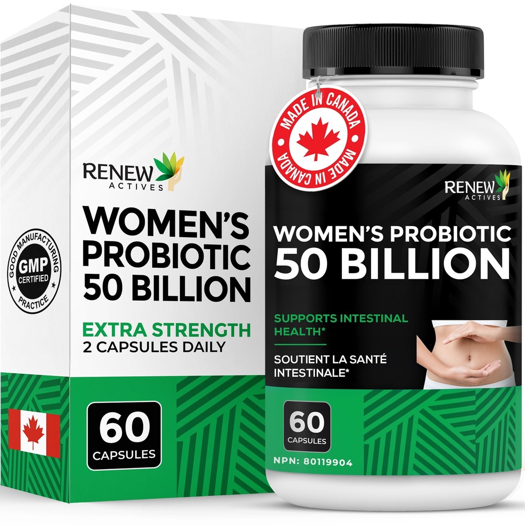 NOWE DZIAŁANIA Probiotyki dla kobiet 50 Miliard CFU na 2 Kapsułki - MAKTREK Technology, 4 Probiotyczne cieśniny i prebiotyczne Blend- Wspiera trawienie Zdrowie & Gut Flora Balance- Made in Canada - 60 Kapsułki