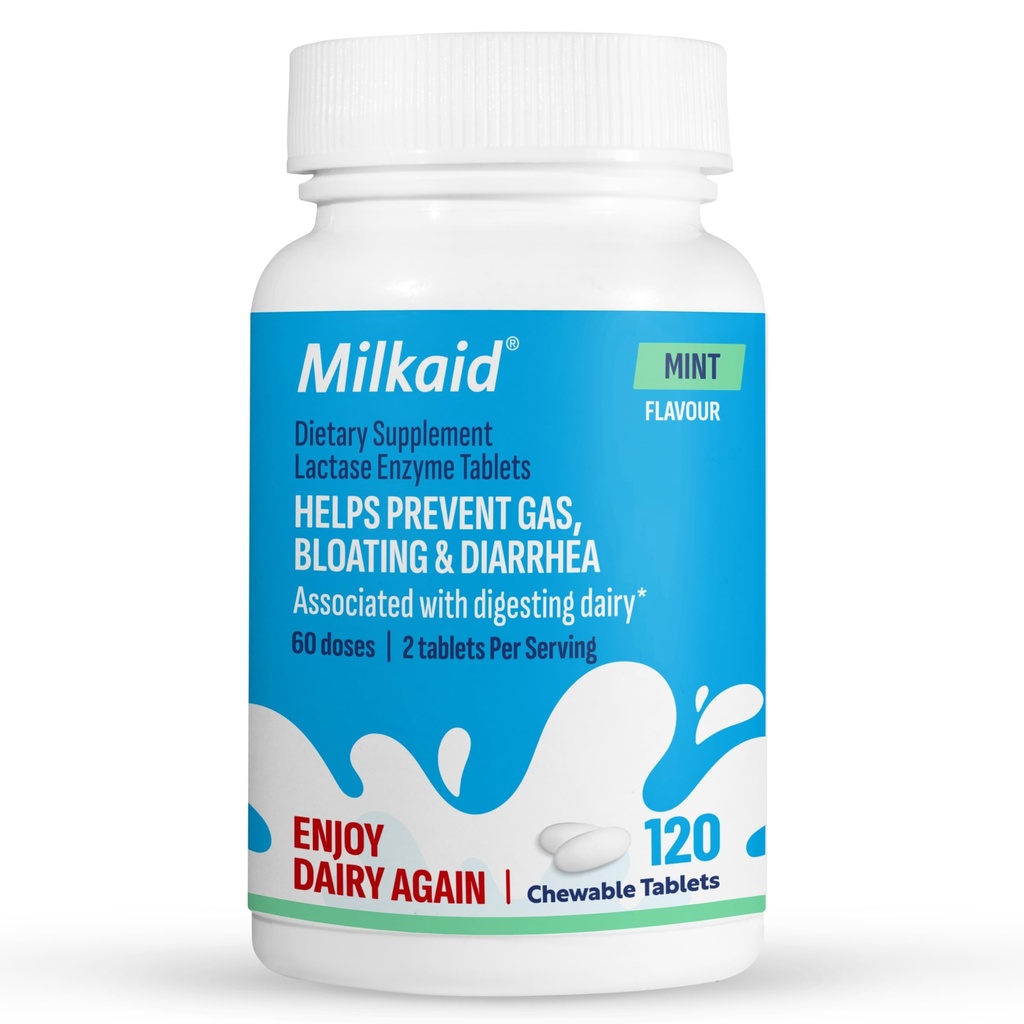 Milkaid Lactase Enzyme Chewable Tablets for Lactose Intolerantion Relief Relief 124; Zapobiega ganiu Gazowi, Bloating & Biegunka 124; Szybkie działanie Dairy Digestive Supplement (120 Tablets, Mint)