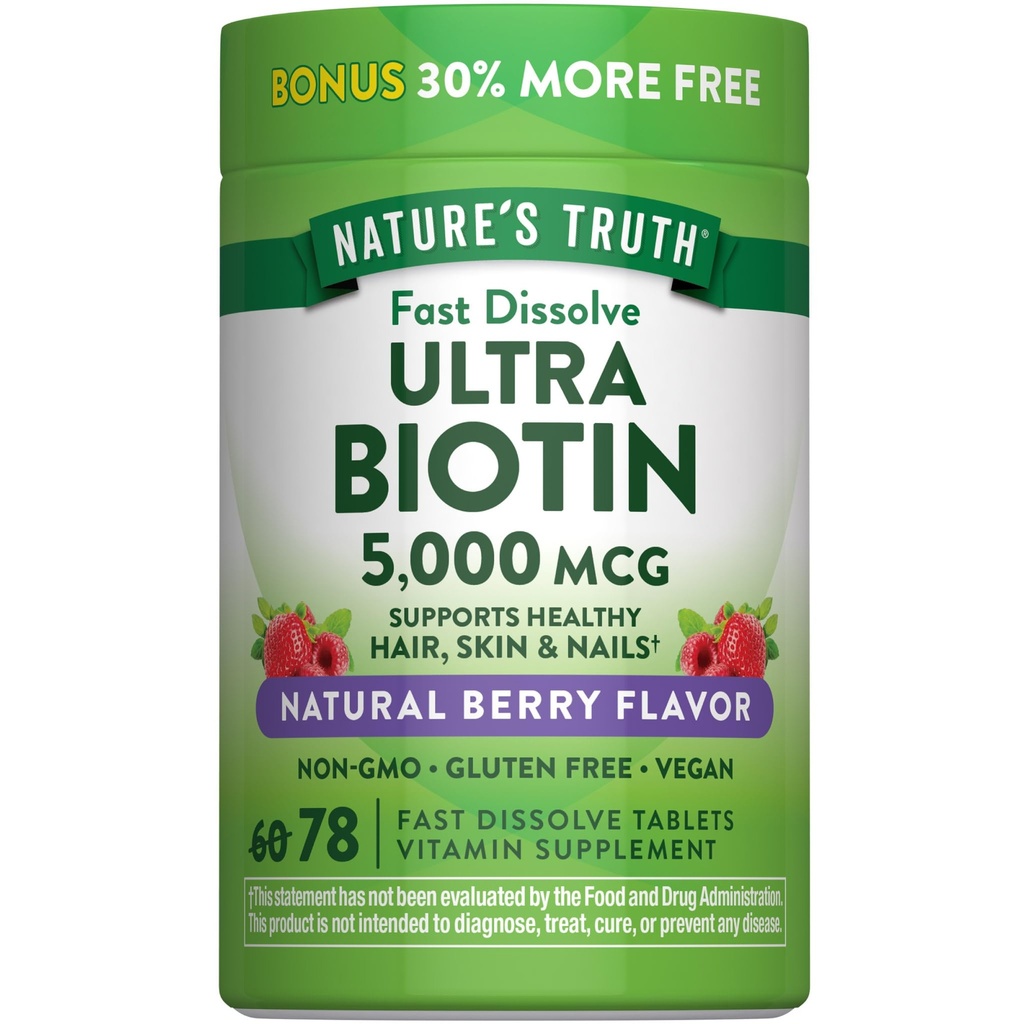 Nature 's Truth Biotin 5000mcg < 124; 78 Fast Disolve Tablets < 124; Natural Berry Flavor < 124; Vegan, Non-GMO, Gluten Free