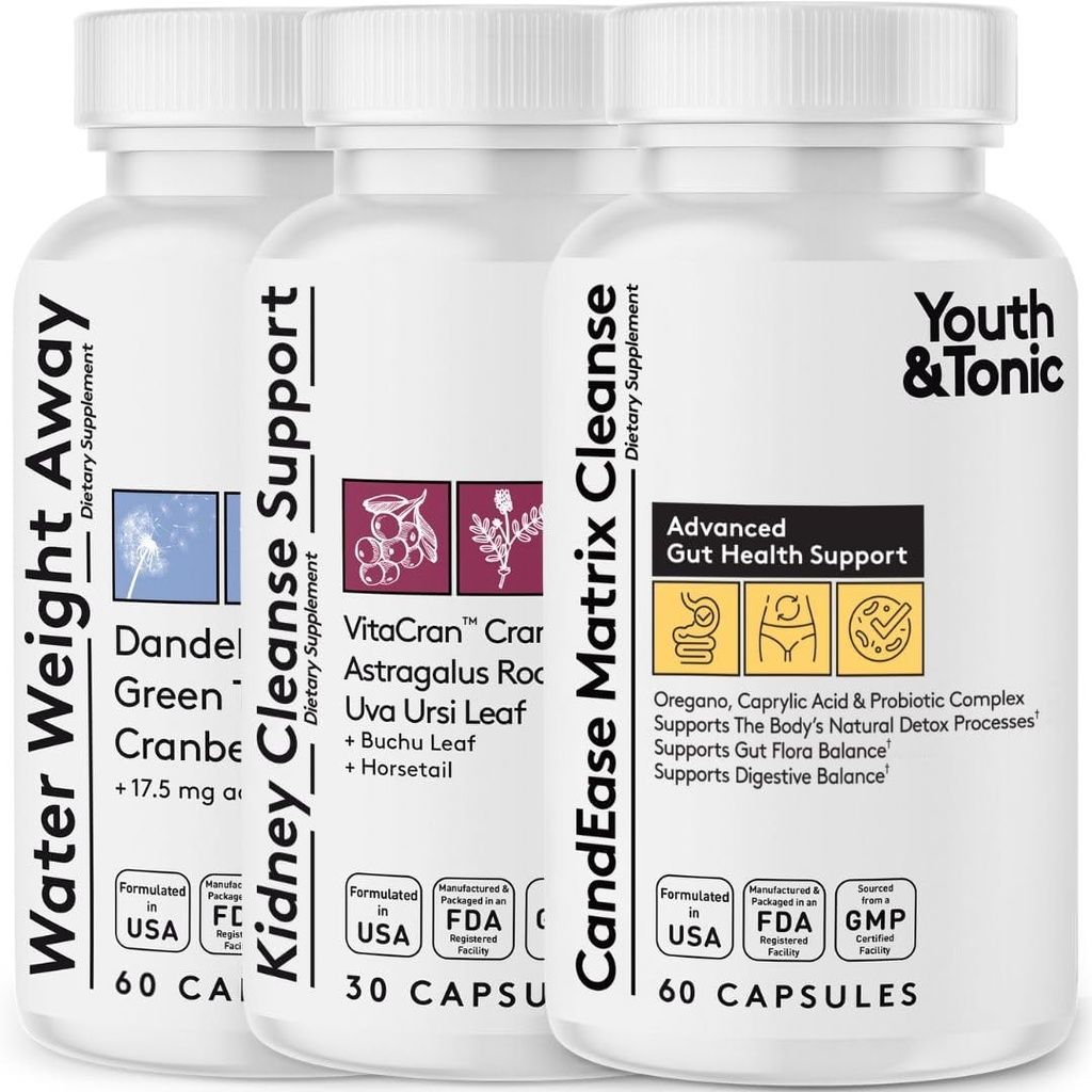 Youth & Tonic CandEase Complex Bundle Supplement Agregable 124; System pokarmowy Cleanse Gut Health & Intestinal Flora Wsparcie