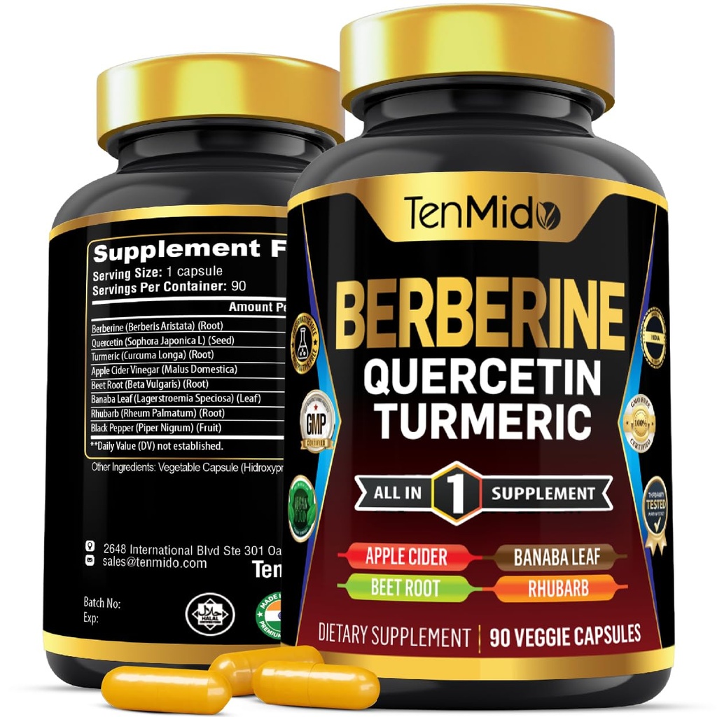 Suplement berberyjski dla mężczyzn i kobiet, Formuła 8in1 z Quercetin, Turmeric, Jabłko Cydr Ocet, Burak korzeniowy i więcej - Digestive, Wsparcie immunologiczne - Bogaty w odżywki - 90 Kapsułki