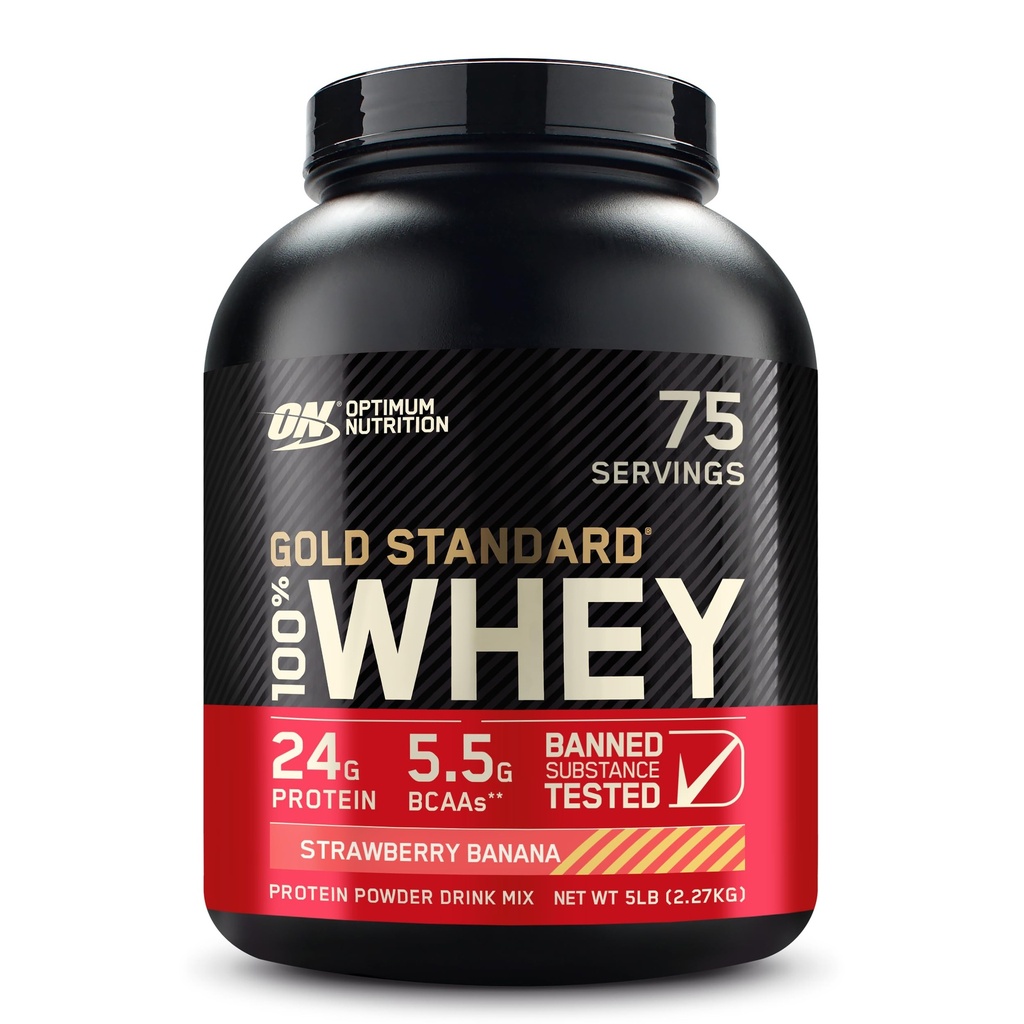 Optimum Nutrition Gold Standard 100% Proszek z białka serwatki, Banana truskawkowa, 5 funtów (Opakowanie może Vary)