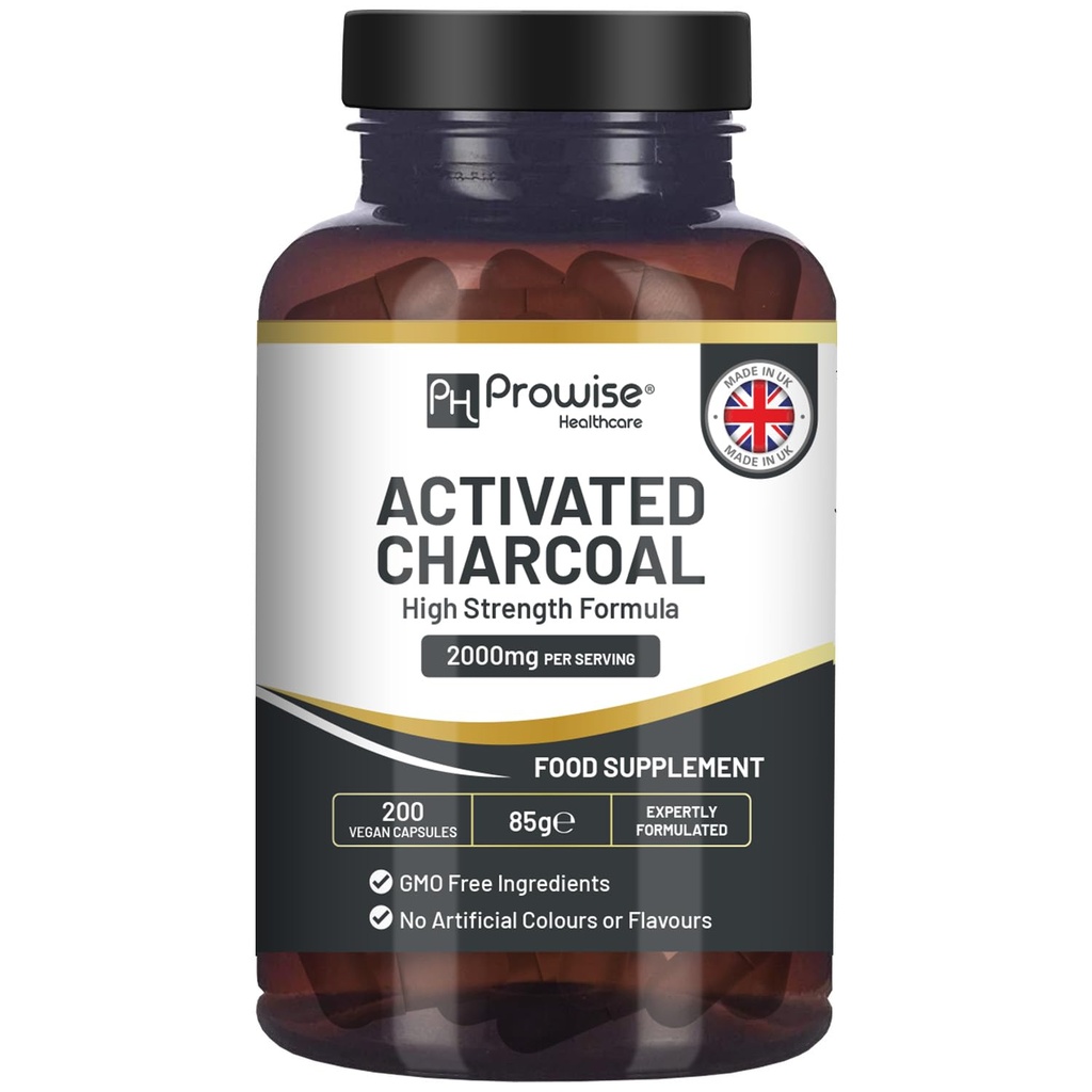Kapsułki węgla węgla aktywowanego - 200 Kapsułek Wegan o dużej mocy - 2000mg na serwowanie I Made in The UK by Prowise Healthcare
