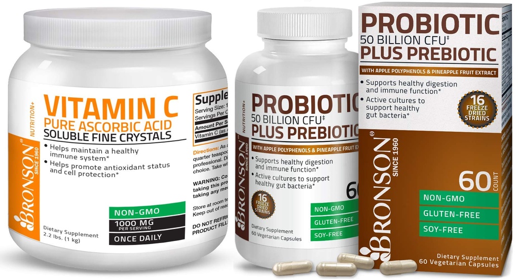 Bronson Probiotic 50 Milion CFU + Prebiotyk z Apple Polyphenols & Ananasowy ekstrakt owoców Witamina C Proszek Czysty kwas askorbinowy Rozpuszczalny Fine Nie GMO Kryształy