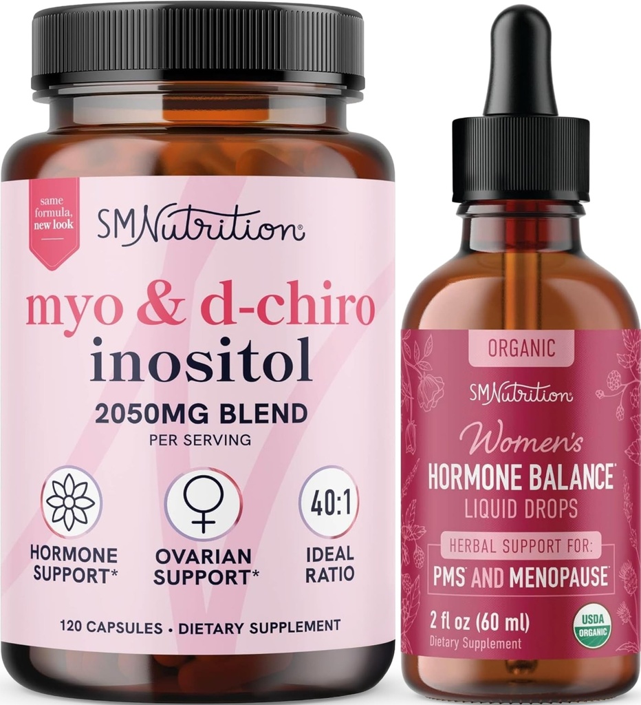 SMNutrition Herbal Hormon Równowaga Tincture & Myo- Inositol & D- Chiro Inositol Bilansowanie Hormon Pasek z 40: 1 (30 Służenie) i Liquid Cycle Support for Women (60 Służenie)