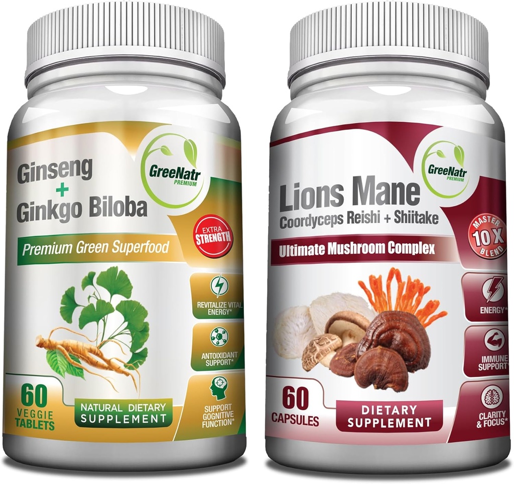 GreeNatr Mushroom Supplement, 10- in-1 Mieszanka z Lions Mane, Cordyceps, Shiitake, Chaga, Turcja Ogon, W połączeniu z naszą energią i mózgu Focus Natural Booster Ginseng Root i Ginkgo Biloba