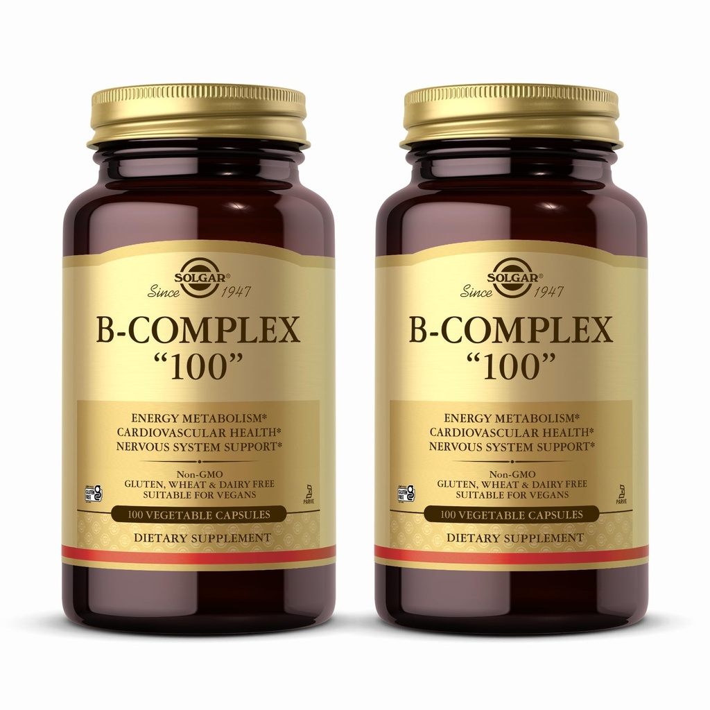 Solgar B- Complex 100 "- 100 Kapsułki wegetatywne, Opakowanie 2 - Metabolizm energii, Wsparcie układu nerwowego - Non-GMO, Wegan, Gluten Free - 200 Całościowych Sług
