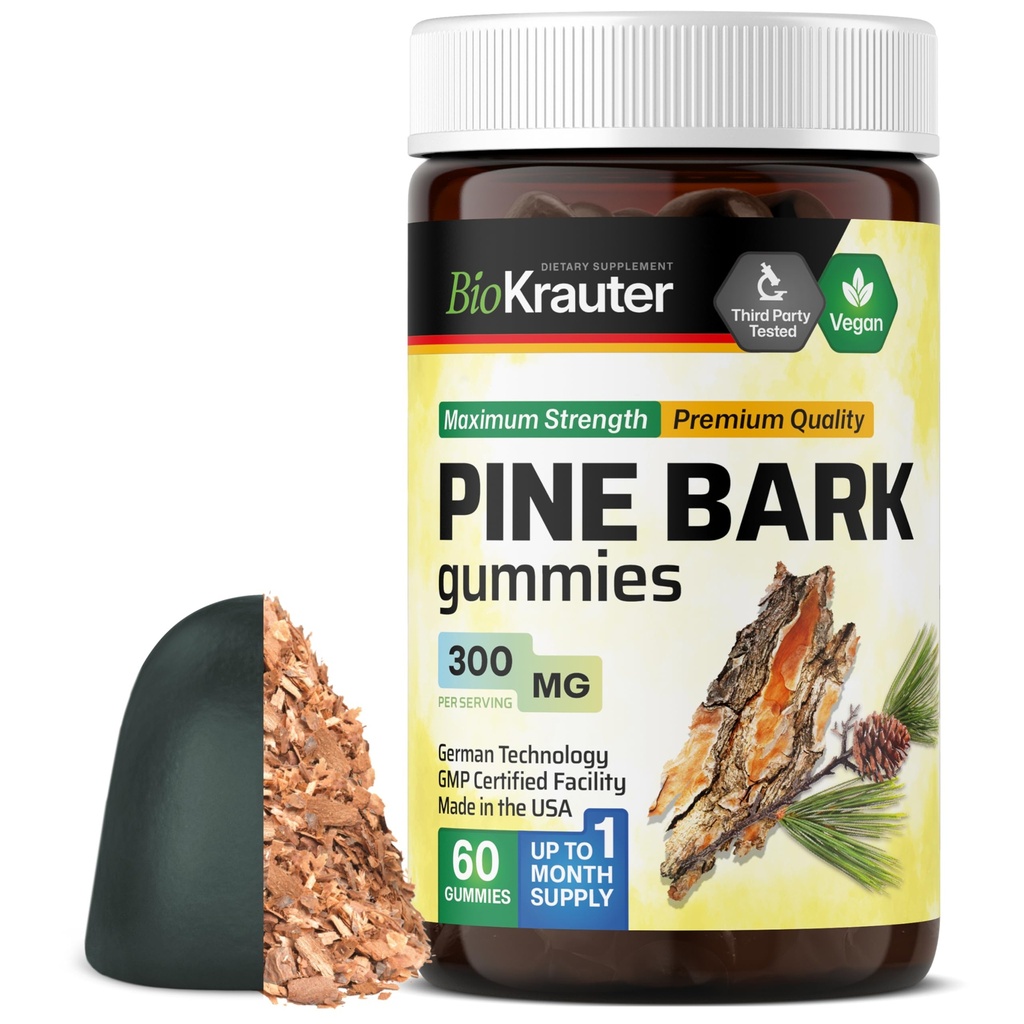 BiO KRAUTER Pine Bark Extract Gummies - 300 mg Siła - 60 Vegan Chews - Ekstrakt Francuski Morski Pine Bark - Suplement przeciwutleniający - 95% Proantocyjanidyny - wzór oparty na pektynie