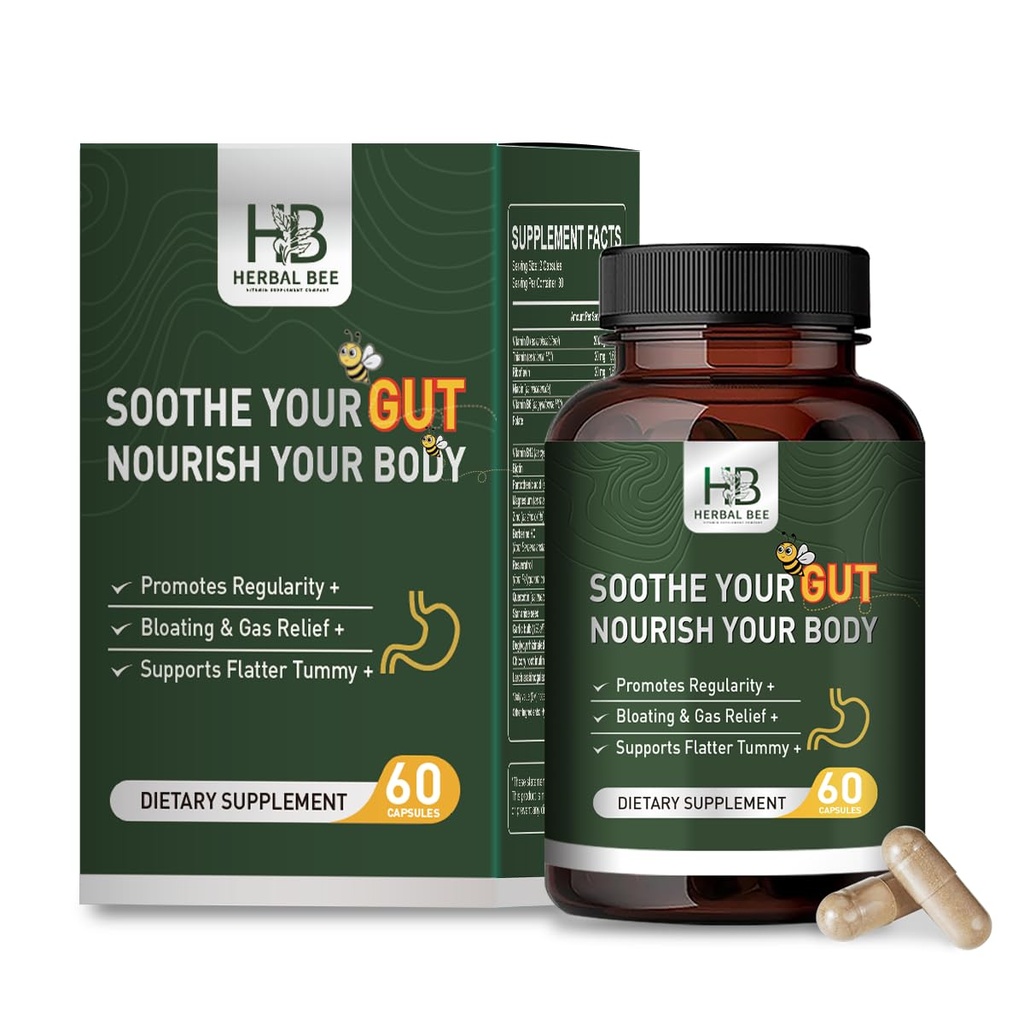 Herbal BEE Gut Health - Relief gazowy i dmuchany, Zaparcia, Leaky Gut Repair - Gut Cleanse & Restore Trawienie - Promowanie Regularności, Colon Cleanser, 60 Kapsułki