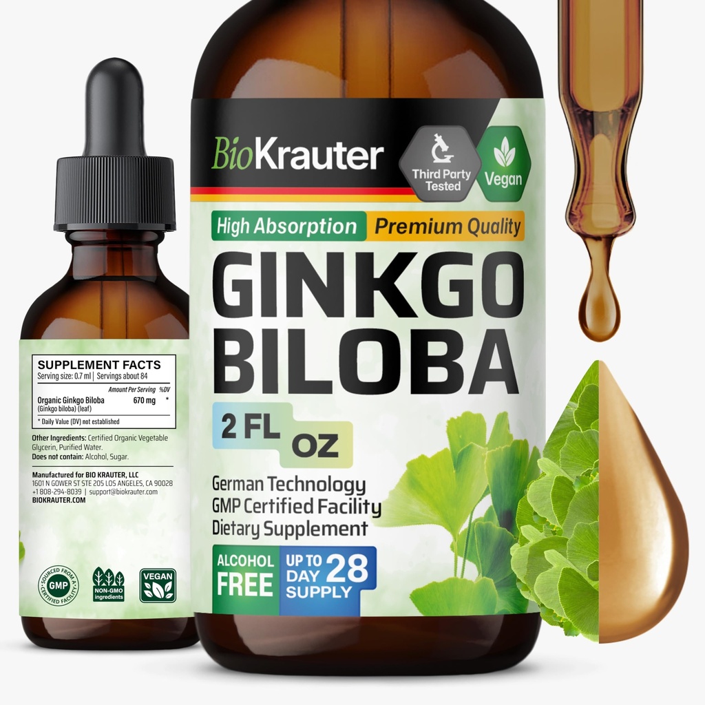 BIO KRAUTER Ginkgo Biloba Extract - Liquid Ginkgo Biloba Supplements for Brain - Wegan, Alkohol & Cukier Free - 2 Fl Oz