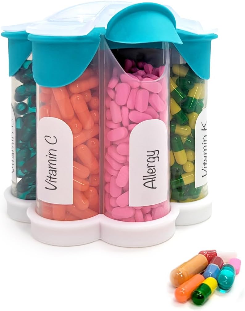 Extra Duży Pill Organizator Codzienne, Tygodniowy, Miesięczny Suplement Butelka, Cute Blossom Pill Dispenser z 7 XL Komory, Easy- Open Pill Box dla witamin, Leki, Etykiety Zawarte (Teal)