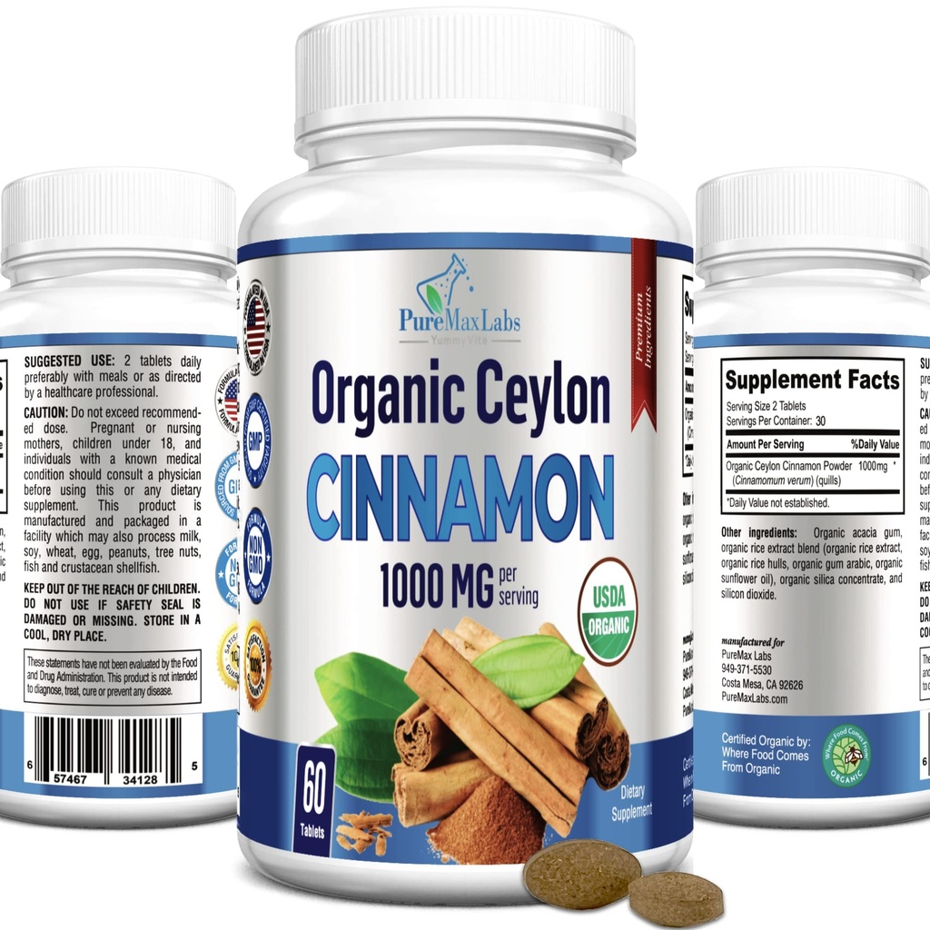 Cynamon organiczny - 1000mg na jedną porcję, Certified Organic True Cynamon Suplement, przeciwutleniacz, Szybka absorpcja - 60 Tabletki