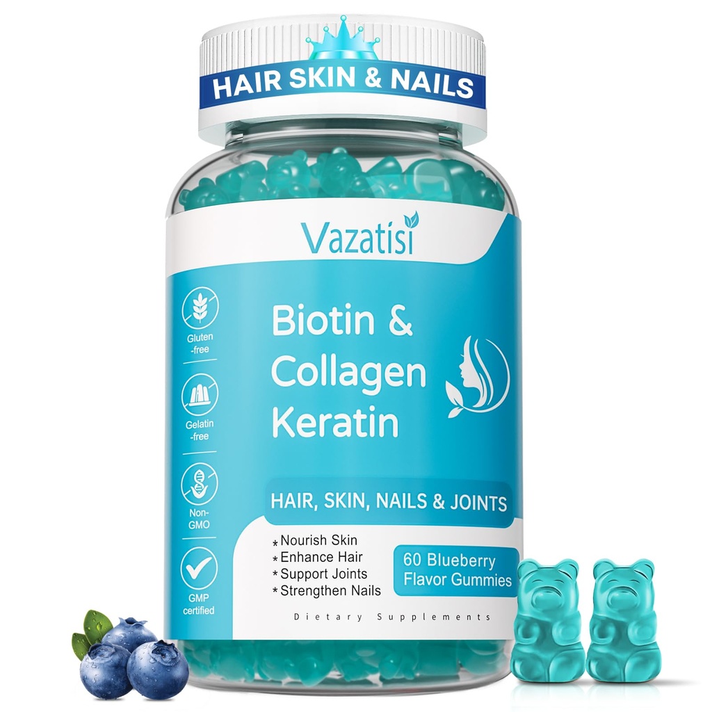 Biotin Gummies z Collagen & Keratin do paznokci skóry włosów- Wspiera wzrost włosów i silniejsze paznokcie, Kobiety Mężczyźni, Dzieci - 60 Blueberry Gummies aromatyczne