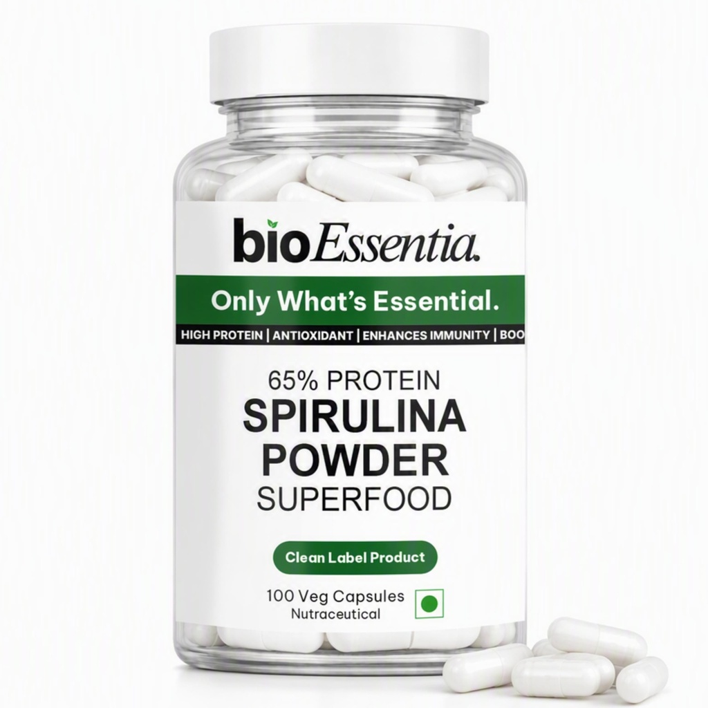 BioEssentia Spirulina Powder Capsules | 2400 mg Spirulina per Serving | Supports Energy, Immunity & Detox | Clean Label Product | 100 Veg Capsules