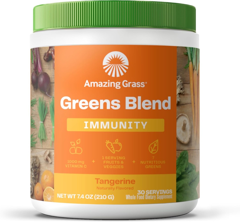 Niesamowita zielona trawa Superfood Immunitet: Super Zielony Proszek z witaminą C, Cordyceps, Burak Root Powder & Reishi Grzyby, Tangerine, 30 Słupki