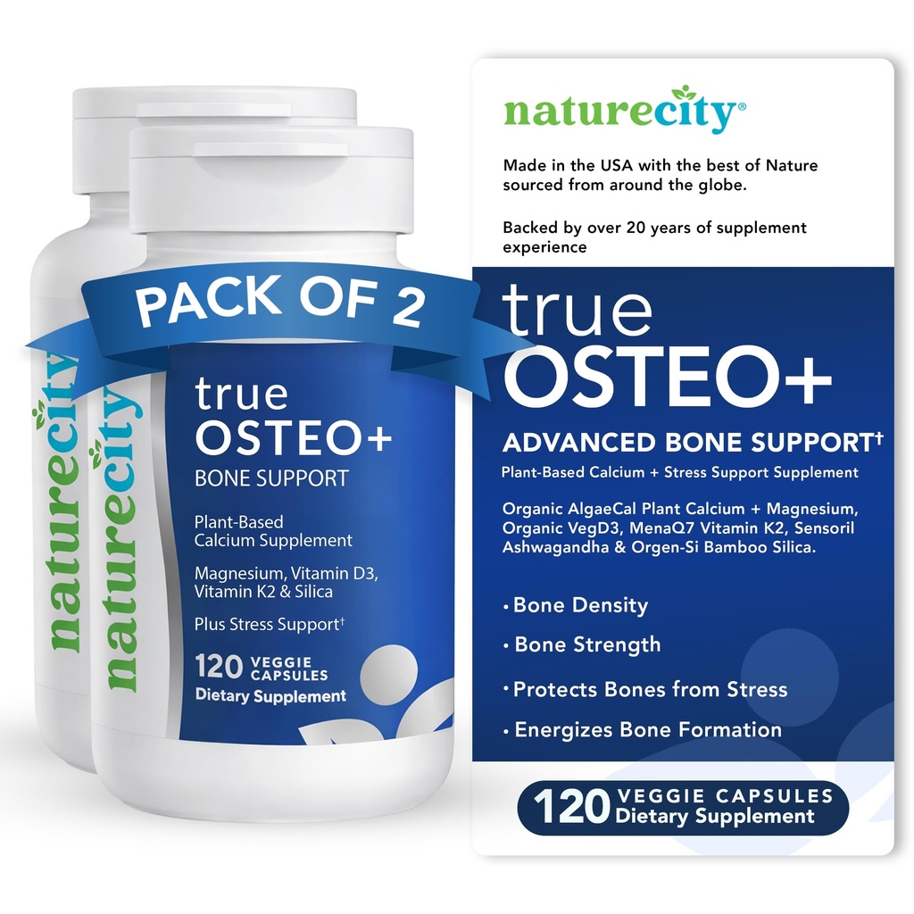 NatureCity True- Osteo + Support kości z Ashwagandha - dla siły i gęstości - Wapń bazujący na plancie z organicznym AlgaeCal, Magnezu, Witamina D3, K2, Silicon & Stress Support 124; 240 Kapsułki wegetariańskie