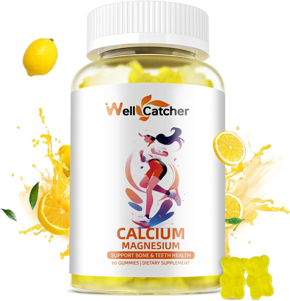 Wapń Magnezu Gumumie Dorośli Dzieci - Bezcukrowy Żniwo Wegan Algae Suplementy wapnia dla kobiet Wsparcie mężczyzn Plus siła kości z witaminy potasu cynku D3 K2 Lemon Flavor 60CT