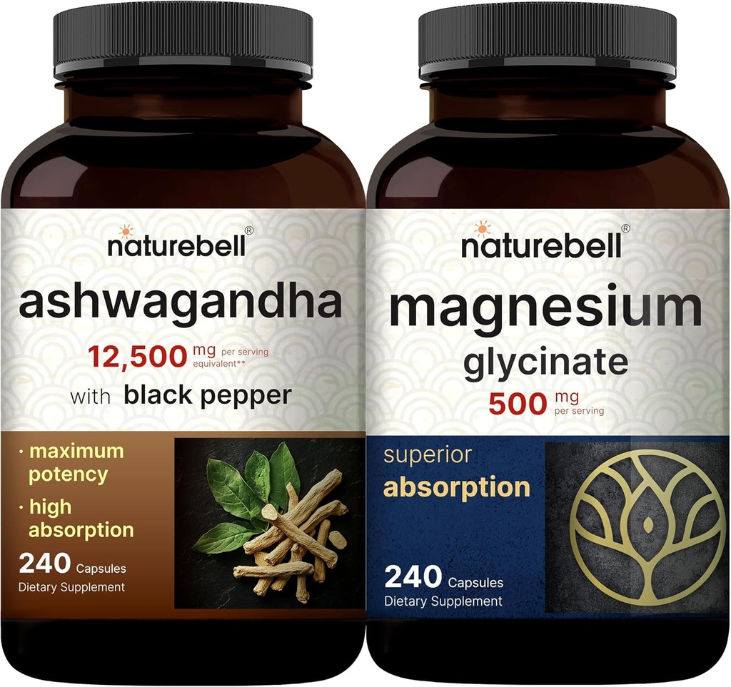 NatureBell Magnezu Glicynian Kapsułki 500 mg & Ashwagandha 12,500 mg Równoważne z Black Pepper Bundle Pack 124; Chelated & Oczyszczony minerał 124; Dodatki do adaptogenów do relaksacji