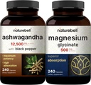 NatureBell Magnezu Glicynian Kapsułki 500 mg & Ashwagandha 12,500 mg Równoważne z Black Pepper Bundle Pack 124; Chelated & Oczyszczony minerał 124; Dodatki do adaptogenów do relaksacji