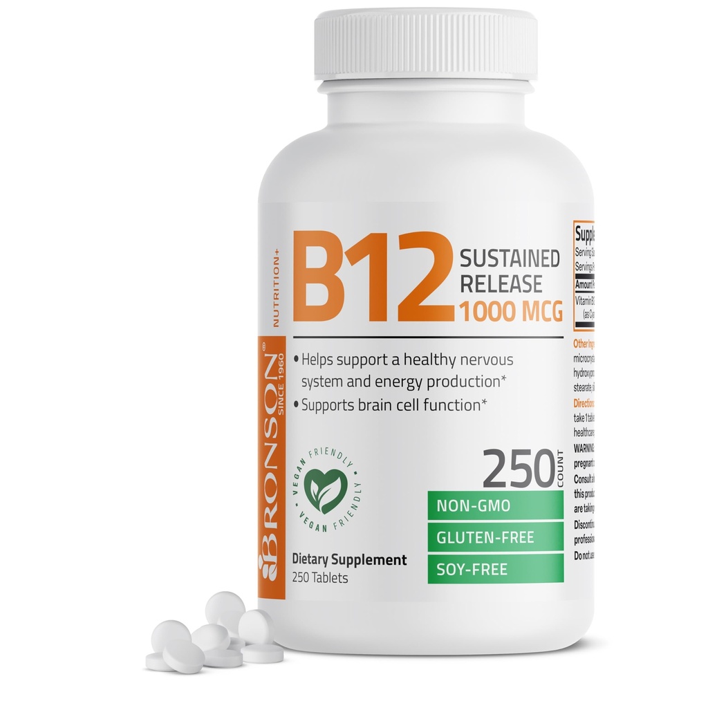 Bronson Witamina B12 1000 µg Trwałe uwalnianie Premium Nie GMO Tabletki Wspomaga układ nerwowy, Zdrowy mózg Funkcje i wytwarzanie energii, 250 Liczba