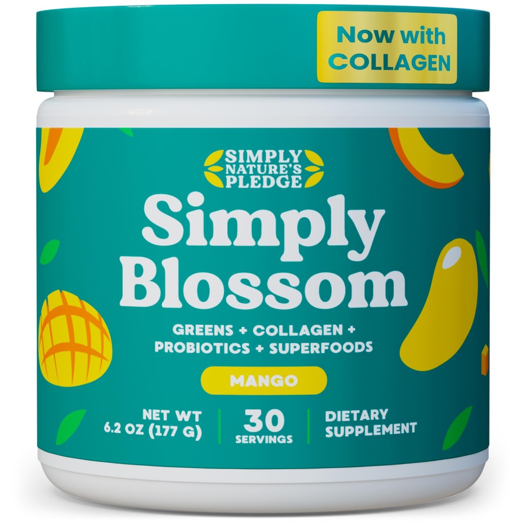 Po prostu Blossom Nutrition Daily Greens & Superfood Powder + Collagen + Probiotyki dla Kobiet Digestive Health & Bloating Relief. Pomoc Twoje zdrowie Bloom - 30 Day Supply - Mango