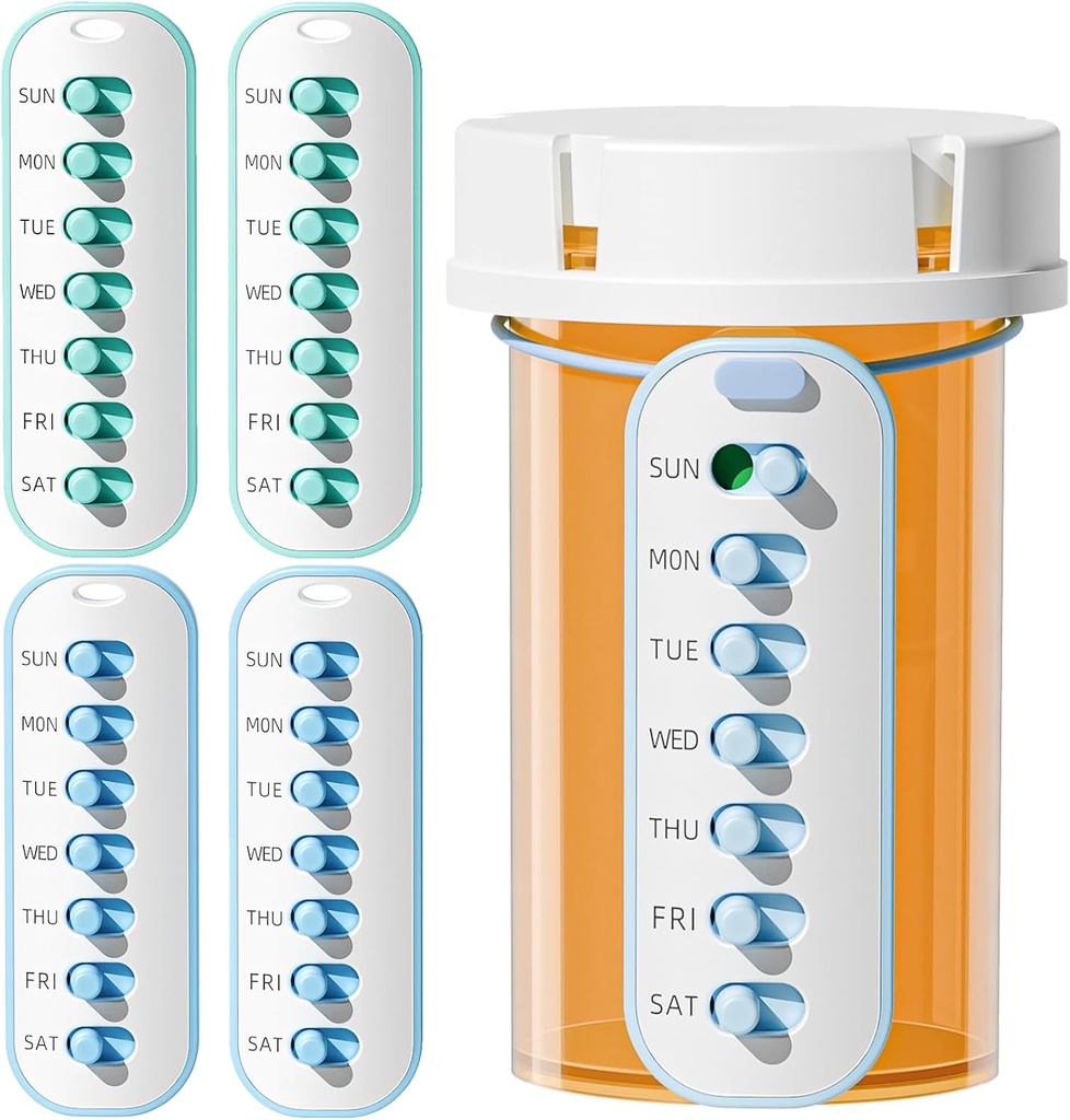 Odaro 4 Pack Pill Reminder, Lanyad lub Sticker Pill Tracker, Praca z większością butelek, wielokrotnego użytku Medication Tracker Wymiana witaminy Weekly (7 dni) Organizator medycyny