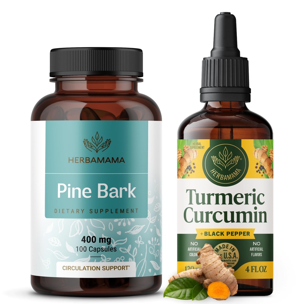 HERBAMAMA Turmeric Extract and Pine Bark Kit - Bundle of 400 mg French Maritime Capsules & Turmeric Extract Tincture 2 fl oz - Vegan, Non-GMO, Sugar & Alcohol- Free - 2 Pack