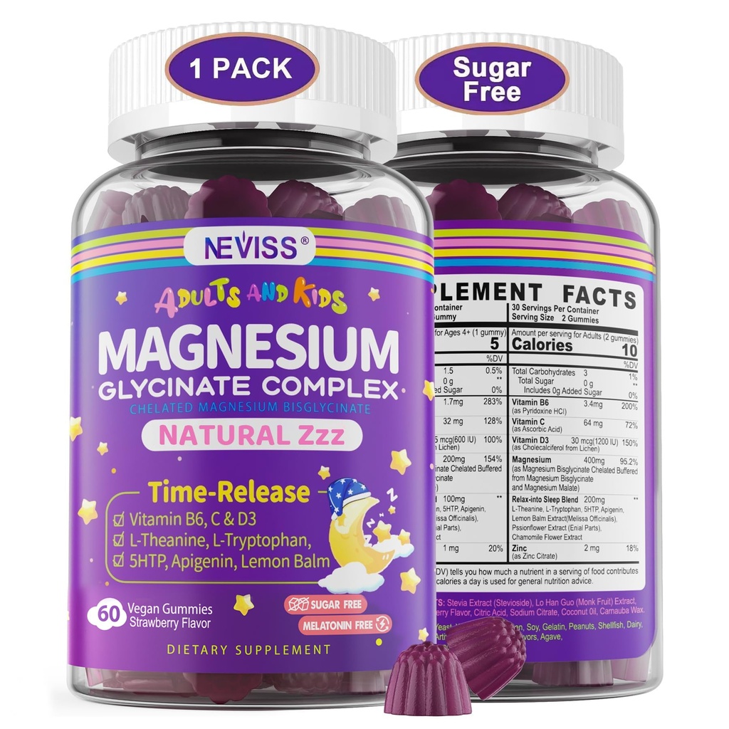 Glucynian magnezu dla dorosłych i dzieci 4 +, Suplement Bisglicynian magnezu bez cukru 400 / 200mg z B6D3, 5HTP, L- Theanine do snu i relaksacji, Mózg, Mięśnie, Melatonina wolna Gumumie, 1Pack